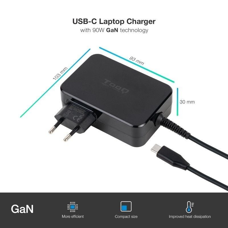 Tooq Cargador portatil GAN USB-C PD 90W Negro