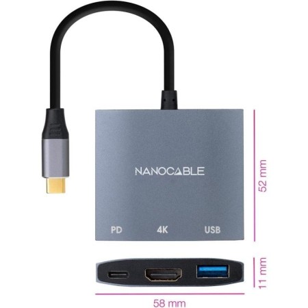 Nanocable Conversor USB-C a HDMI/USB3.0/PD 15 cm
