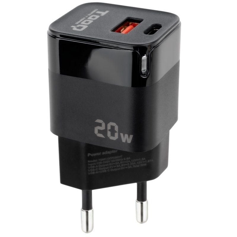 Cargador pared tooq usb - c - pd + usb - a - qc 20w negro