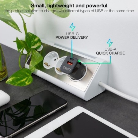 Cargador pared tooq usb - c - pd + usb - a - qc 20w negro