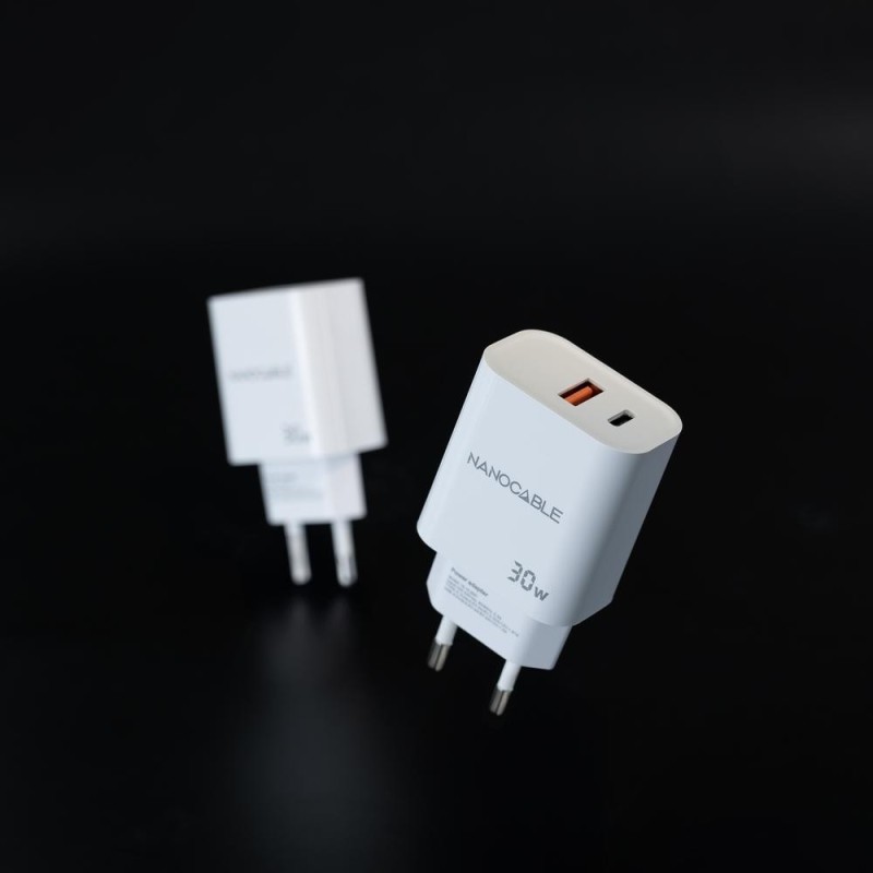 Cargador nanocable usb - c - pd + usb - a - qc 30w blanco