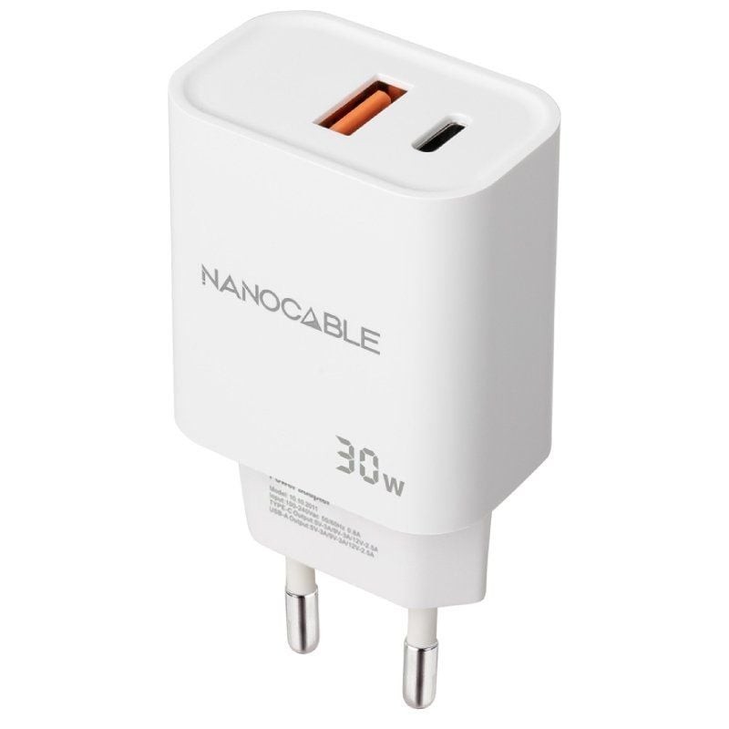 Cargador nanocable usb - c - pd + usb - a - qc 30w blanco