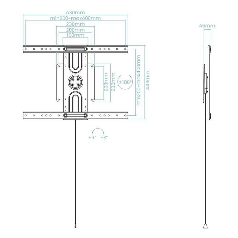 Soporte de pared tooq rotación 360° para pantallas 37 pulgadas - 80 pulgadas negro