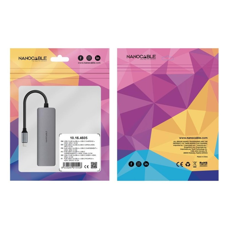 Hub nanocable usb - c 5 en 1 conversor usb - c 3.1 a 3xusb - a 3.0 + usb - c pd + hdmi aluminio gris 18 cm