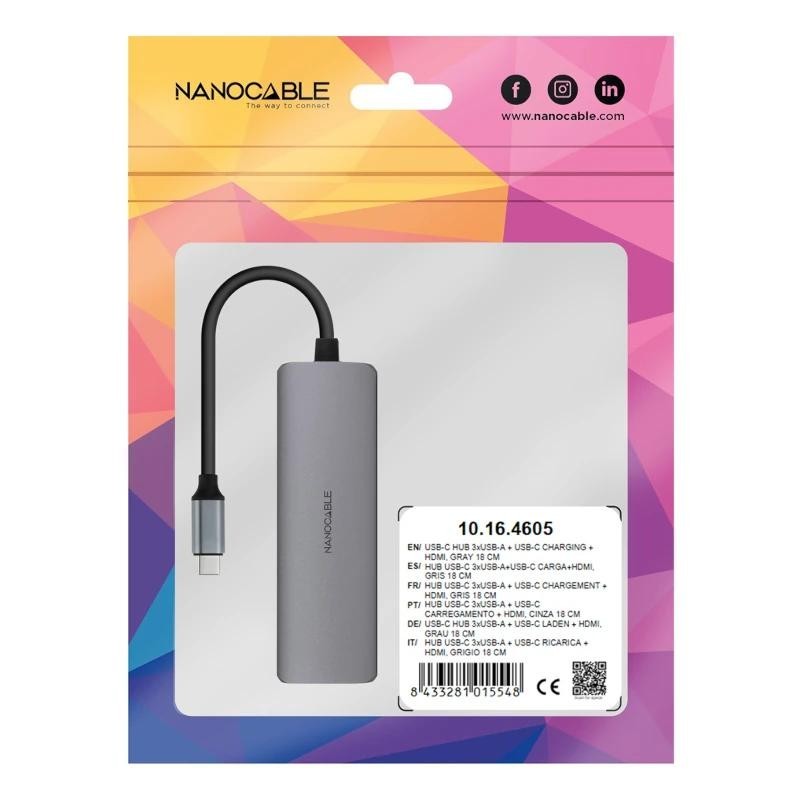 Hub nanocable usb - c 5 en 1 conversor usb - c 3.1 a 3xusb - a 3.0 + usb - c pd + hdmi aluminio gris 18 cm