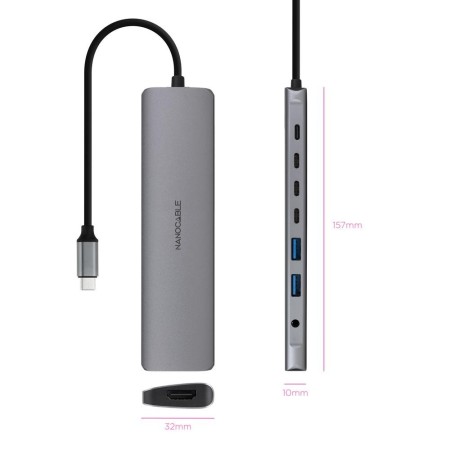 Hub nanocable usb - c 8 en 1 conversor usb - c 3.1 a 2xusb - a 3.0 + 3xusb - c 3.0 + usb - c pd + hdmi 4k@60hz + audio jack 3.5 