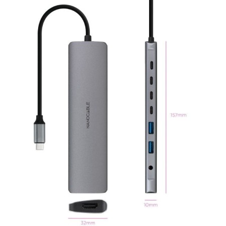 Hub nanocable usb - c 8 en 1 conversor usb - c 3.1 a 2xusb - a 3.0 + 3xusb - c 3.0 + usb - c pd + hdmi 4k@60hz + audio jack 3.5 