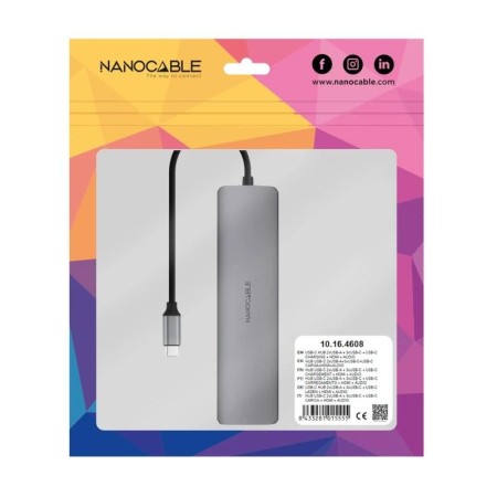 Hub nanocable usb - c 8 en 1 conversor usb - c 3.1 a 2xusb - a 3.0 + 3xusb - c 3.0 + usb - c pd + hdmi 4k@60hz + audio jack 3.5 