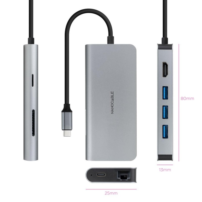 Hub nanocable usb - c 8 en 1 conversor usb - c 3.1 a 3xusb - a 3.0 + hdmi 4k@60hz + usb - c pd + rj45 1gbps + tf + sd aluminio g