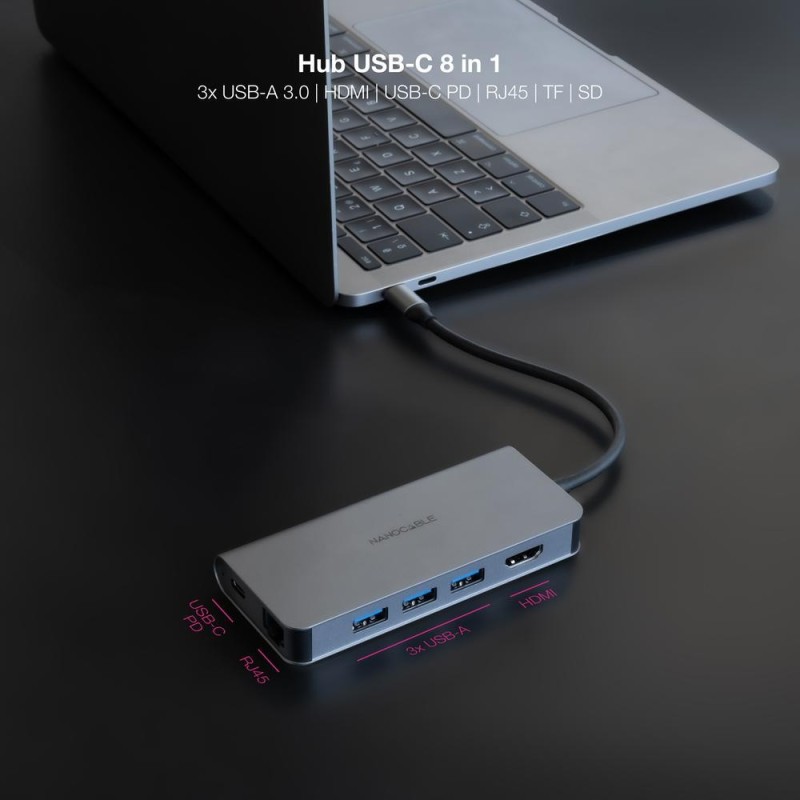 Hub nanocable usb - c 8 en 1 conversor usb - c 3.1 a 3xusb - a 3.0 + hdmi 4k@60hz + usb - c pd + rj45 1gbps + tf + sd aluminio g