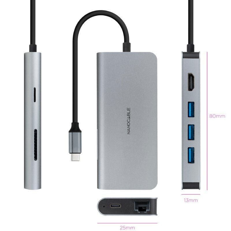 Hub nanocable usb - c 8 en 1 conversor usb - c 3.1 a 3xusb - a 3.0 + hdmi 4k@60hz + usb - c pd + rj45 1gbps + tf + sd aluminio g