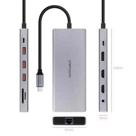 Hub nanocable usb - c 12 en 1 conversor usb - c 3.1 a 3xusb - a 3.2 + usb - c 3.2 + usb - c pd + 2xhdmi 4k@60hz + dp 4k@60hz + r