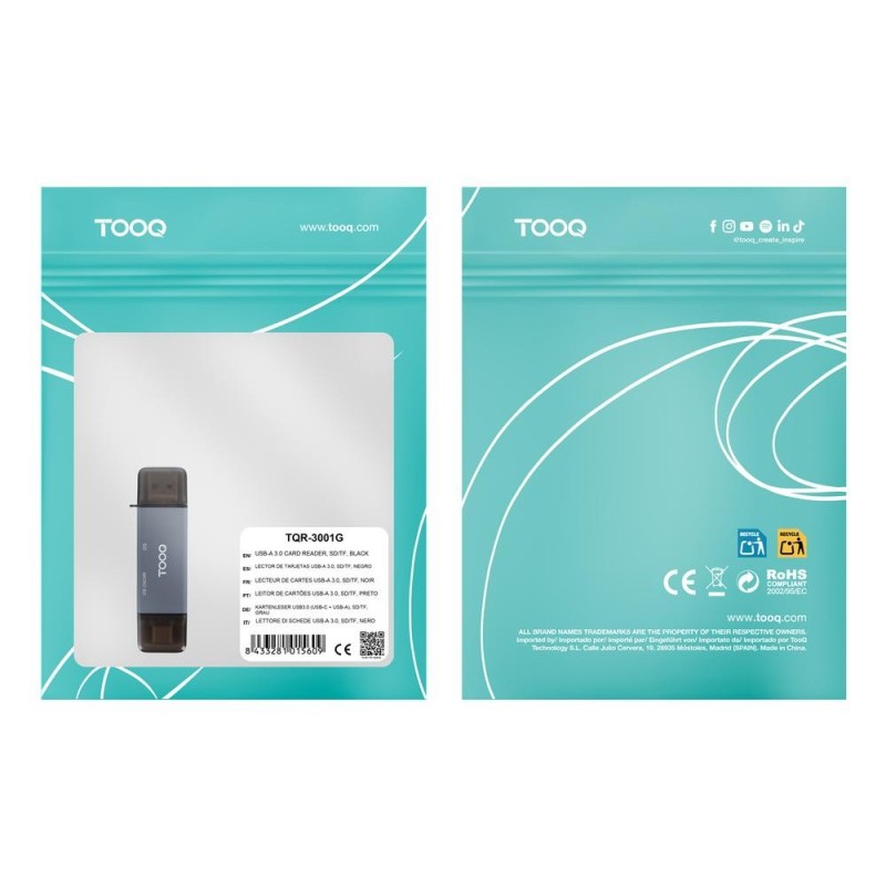Lector de tarjetas tooq sd + tf - con entradas usb - c 3.0 + usb a - gris