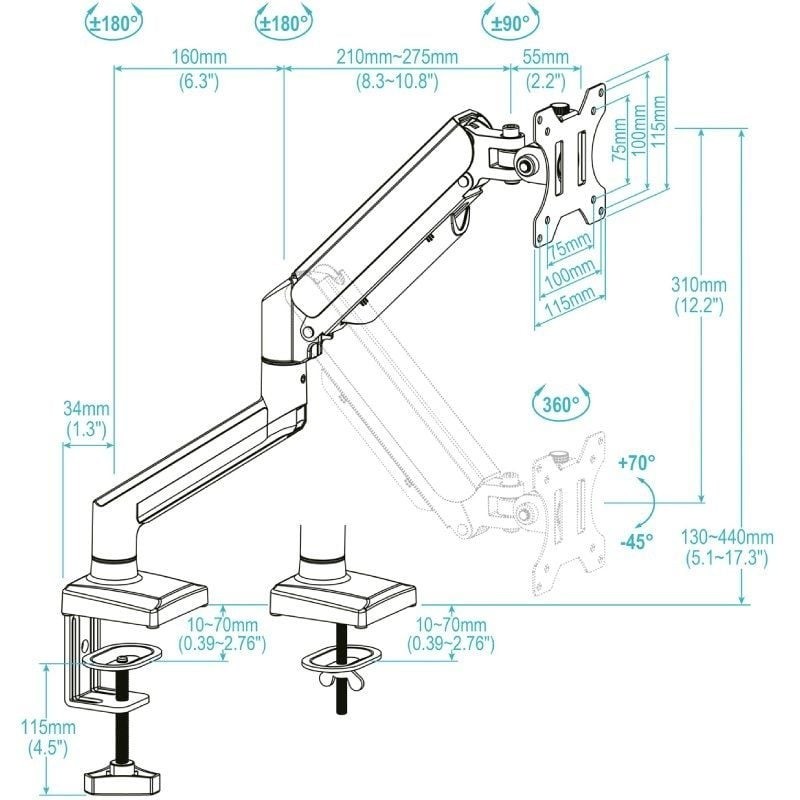 Soporte mesa tooq vesa hasta 34 pulgadas 100x100mm max 10kg blanco