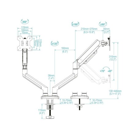Soporte mesa tooq hasta 34 pulgadas vesa 100 x 100 max 10kg brazo doble blanco