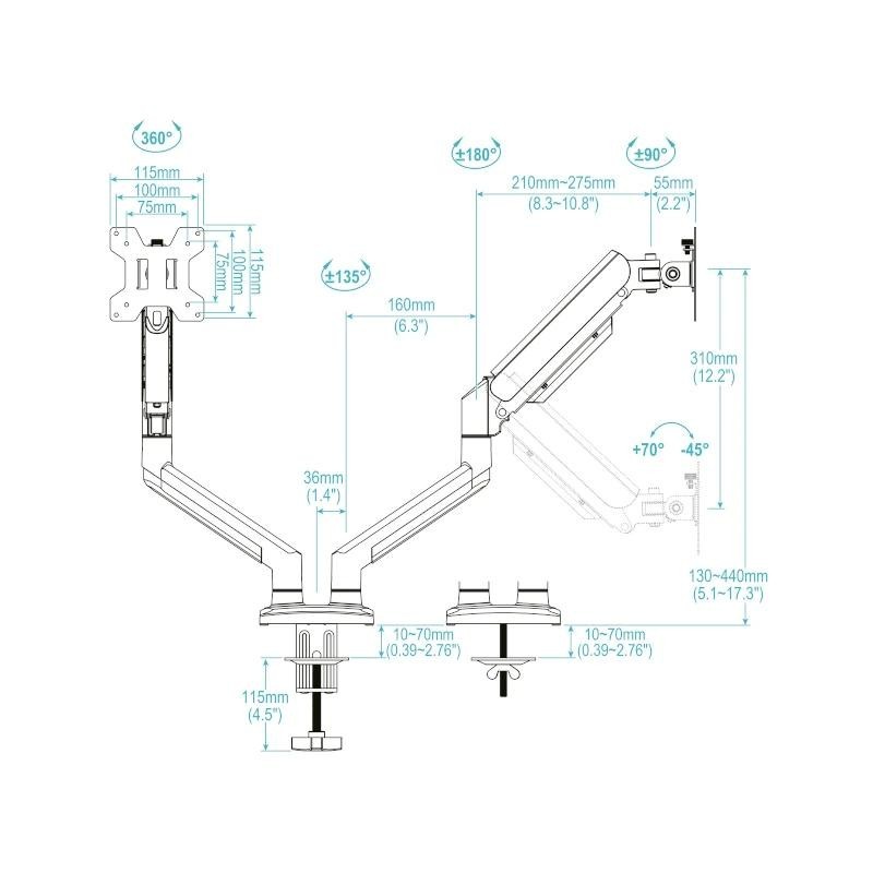 Soporte mesa tooq hasta 34 pulgadas vesa 100 x 100 max 10kg brazo doble blanco