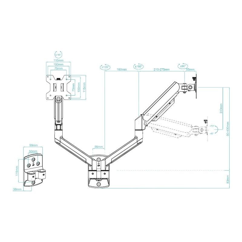 Soporte mesa tooq vesa hasta 34 pulgadas 100x100mm brazo doble max 10kg - brazo