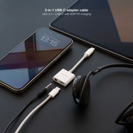 Adaptador Audio Nanocable 10.24.1206/ USB Tipo-C Macho - Jack 3.5 Hembra/ USB Tipo-C Hembra/ Blanco