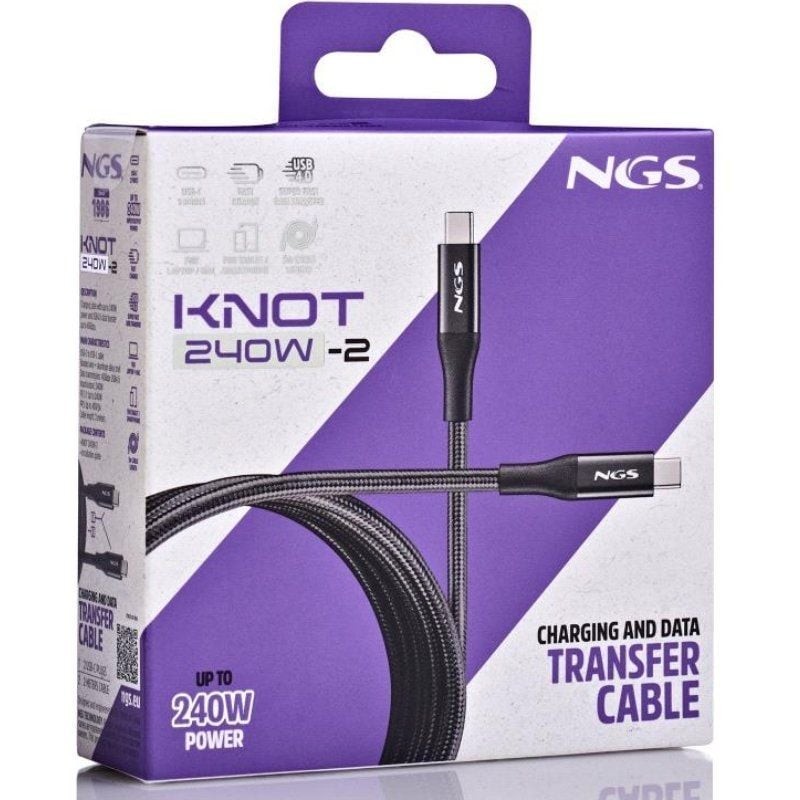 Cable USB 4.0 Tipo-C NGS KNOT/ USB Tipo-C Macho - USB Tipo-C Macho/ Hasta 240W/ 40Gbps/ 2m/ Negro