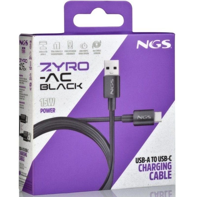 Cable USB 2.0 NGS ZYRO-AC/ USB Macho - USB Tipo-C Macho/ Hasta 15W/ 480Mbps/ 1m/ Negro