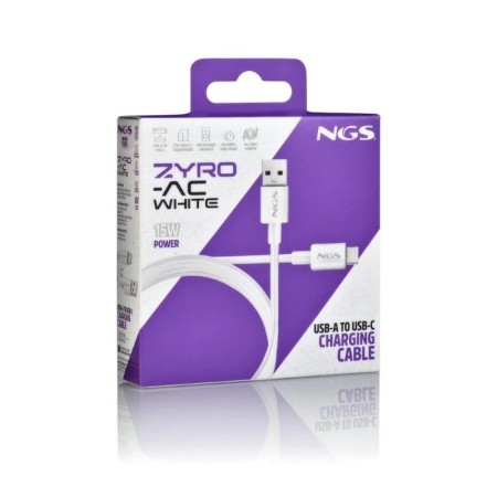 Cable USB 2.0 NGS ZYRO-AC/ USB Macho - USB Tipo-C Macho/ Hasta 15W/ 480Mbps/ 1m/ Blanco