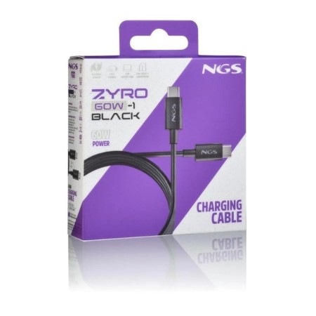 Cable USB 2.0 Tipo-C NGS ZYRO 60W-1/ USB Tipo-C Macho - USB Tipo-C Macho/ Hasta 60W/ 480Mbps/ 1m/ Negro