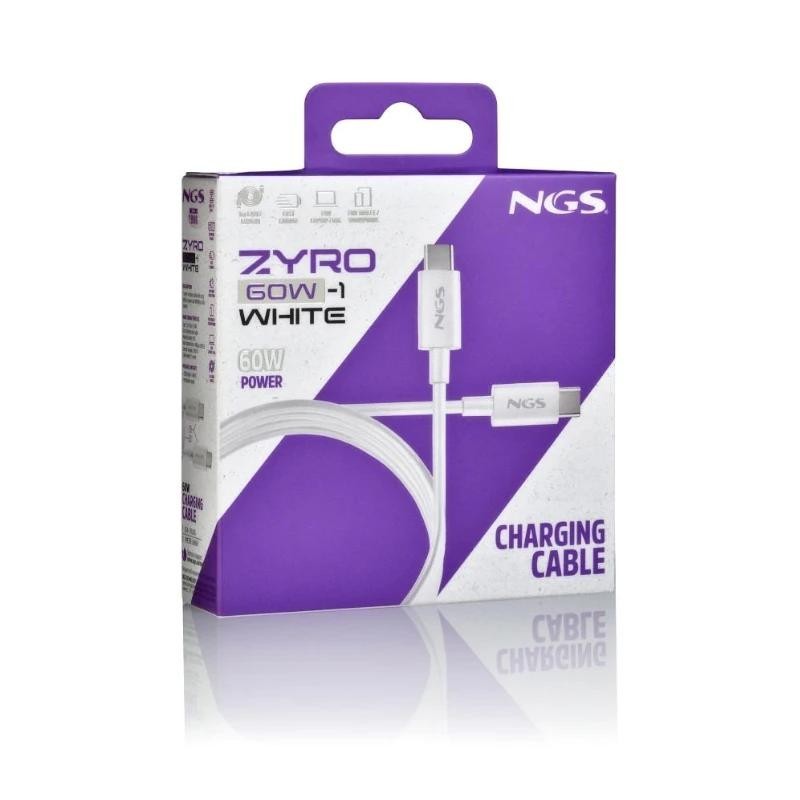 Cable USB 2.0 Tipo-C NGS ZYRO 60W-1/ USB Tipo-C Macho - USB Tipo-C Macho/ Hasta 60W/ 480Mbps/ 1m/ Blanco