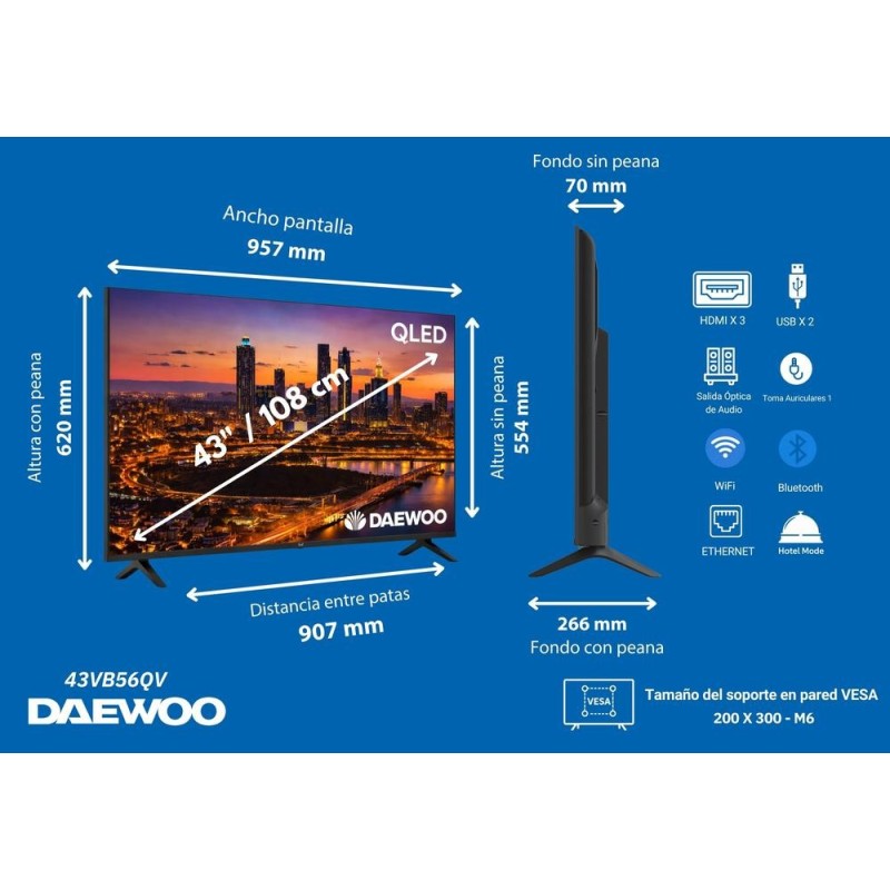 Tv daewoo 43 pulgadas qled 4k uhd - 43vb56qv - smart tv