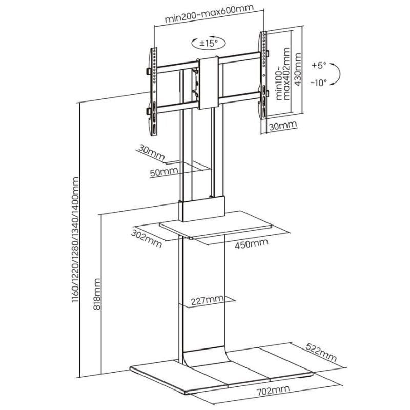 Soporte de Suelo Inclinable/ Giratorio con Bandeja DVD Aisens FT86TSE-401 para TV de 37-86″/ hasta 50kg