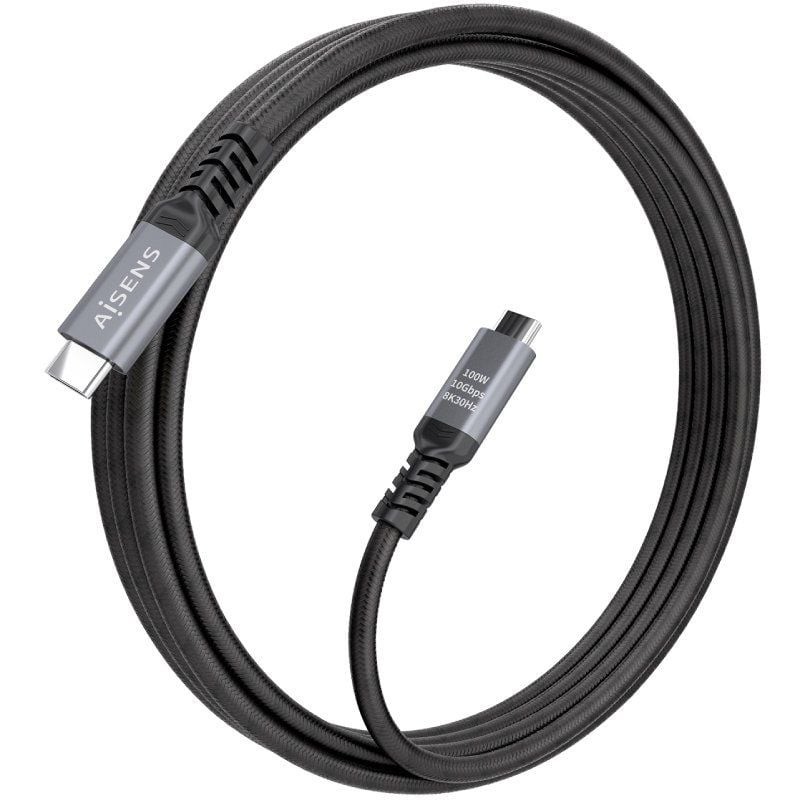 Cable USB 3.2 Tipo-C Aisens A107-0989/ USB Tipo-C Macho - USB Tipo-C Macho/ Hasta 100W/ 10Gbps/ 4m/ Negro