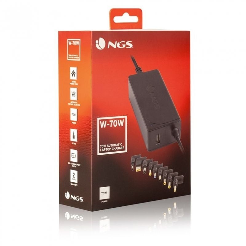 Cargador de Portátil NGS W-70W/ 1xUSB/ 70W/ Automático/ 9 Conectores/ Voltaje 18.5-20V