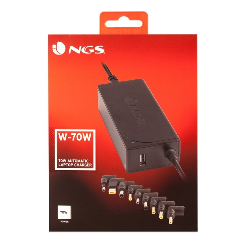 Cargador de Portátil NGS W-70W/ 1xUSB/ 70W/ Automático/ 9 Conectores/ Voltaje 18.5-20V