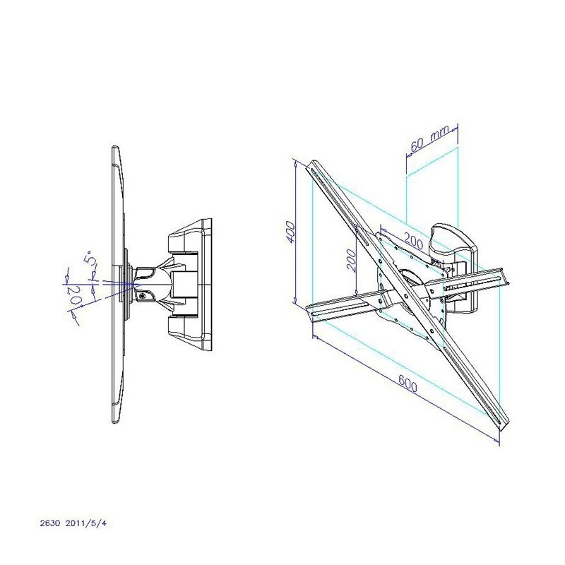 Soporte articulado de pared phoenix para pantalla tv rotacion giro e inclinacion 20º hasta 35 kg gris metalizado