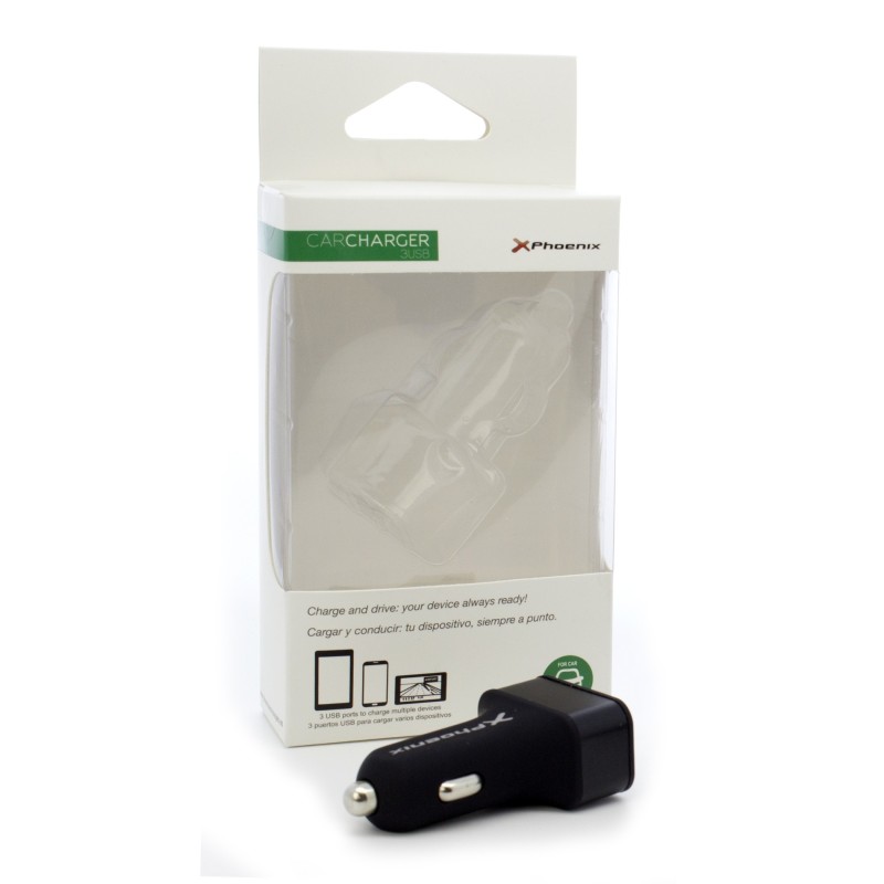 Cargador universal phoenix phcarcharger3usb para coche - mechero 5v - 3 x usb 7.2a negro acabado en silicona