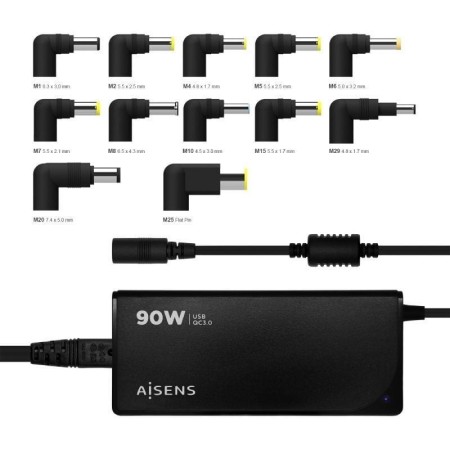Cargador de Portátil Aisens ASLC-90WAUTO-BK/ 1xUSB/ 90W/ Automático/ 12 Conectores/ Voltaje 15-20V