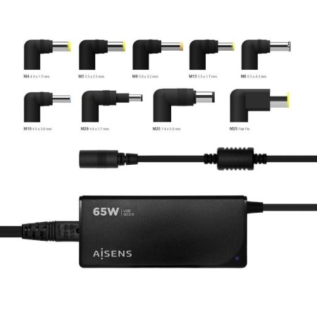 Cargador de Portátil Aisens ASLC-65WAUTO-BK/ 65W/ 1xUSB QC3.0/ Automático/ 9 Conectores/ Voltaje 18.5-20V