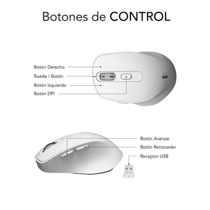 Ratón Ergonómico Inalámbrico Subblim Comfort Ergo Dual Battery/ Batería recargable/ Hasta 2400 DPI/ Blanco