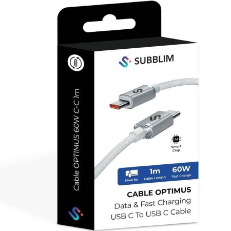 Cable USB 2.0 Tipo-C Subblim Optimus/ USB Tipo-C Macho - USB Tipo-C Macho/ Hasta 60W/ 480Mbps/ 1m/ Blanco
