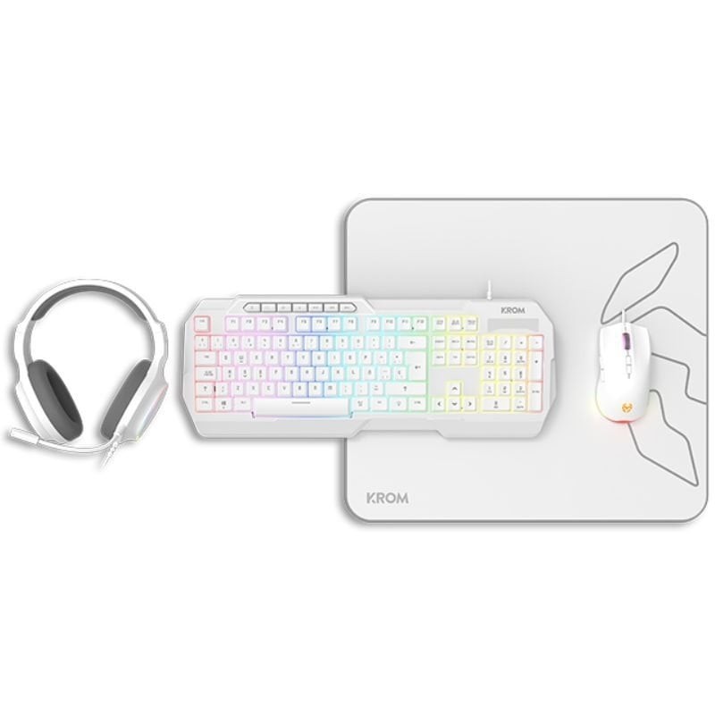 Pack Gaming Krom Kenta/ Teclado RGB + Ratón + Alfombrilla + Auriculares/ Blanco