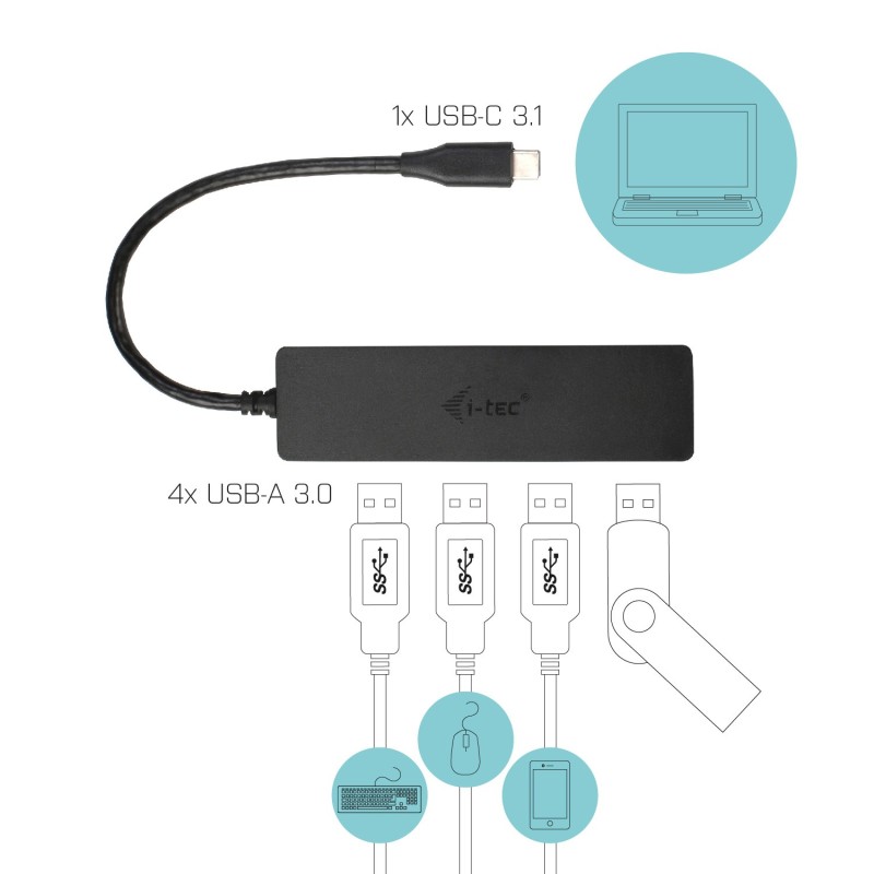 Hub i - tec usb - c delgado con 4 puertos usb 3.0 con cable integrado 20cm