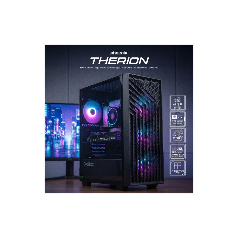 Ordenador pc phoenix gaming therion intel i5 14400f - vga nvidia rtx 5060 8gb - 16gb ddr5 - 1tb ssd nvme win 11 pro