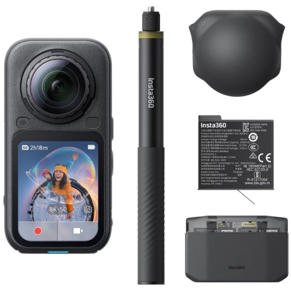 Cámara Digital Deportiva Insta360 X6 Pack Essential/ 8K/ Ángulo de visión 360º/ Negra/ Incluye Stick, Baterías, Bolsa y Capuchón