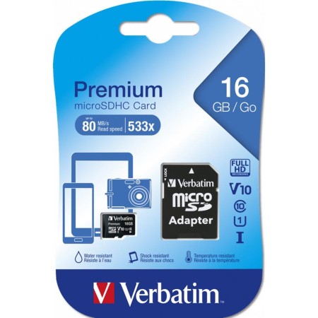 Tarjeta memoria micro sd verbatim 16gb c10 u1 + adaptador