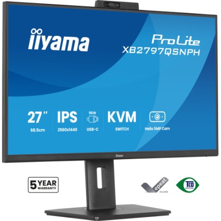 MONITOR IIYAMA 27″ CON CAMARA INTEGRADA DE 5 MP COMPATIBLE CON WINDOWS HELLO, MICROFONO, DOCK USB-C, LAN, CONMUTADOR KVM Y SOPOR