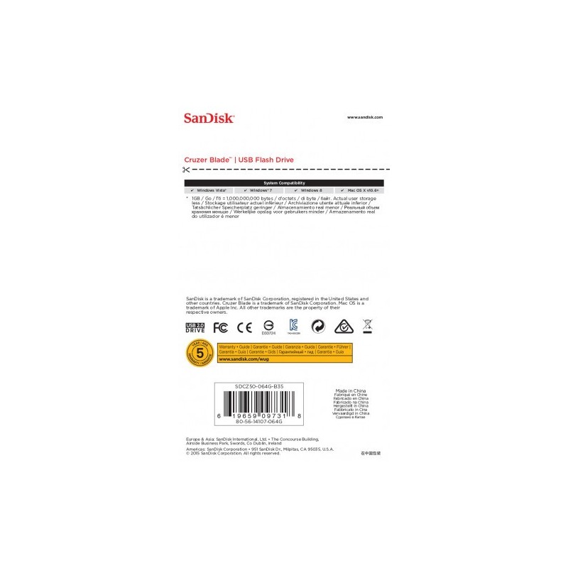 Sandisk Cruzer Blade unidad flash USB 64 GB USB tipo A 2.0 Negro, Rojo