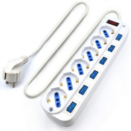 EWENT REGLETA 6 TOMAS SCHUKO CON INTERRUPTOR INDIVIDUAL. CABLE 5M. BLANCO (EW3932-5M)