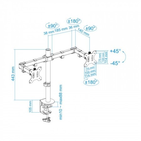 TooQ Soporte de Mesa Giratorio e Inclinable para 2 Pantallas (Monitor / TV Plasma / LCD / LED) 13” – 32”, de Dos Brazos, Negro