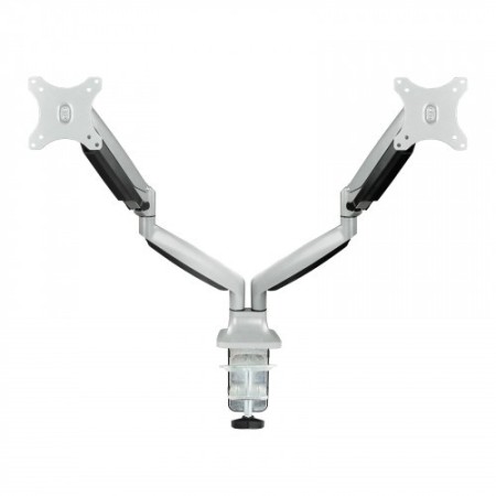 TooQ Soporte de Mesa Giratorio e Inclinable para 2 Pantallas (Monitor / TV Plasma / LCD / LED) 13” – 32”, de Dos Brazos, Plata