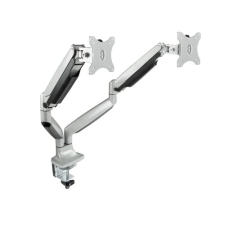TooQ Soporte de Mesa Giratorio e Inclinable para 2 Pantallas (Monitor / TV Plasma / LCD / LED) 13” – 32”, de Dos Brazos, Plata