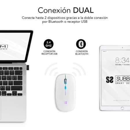 RATÓN ÓPTICO INALÁMBRICO 2.4G Y BT RGB LED DUAL FLAT MOUSE WHITE